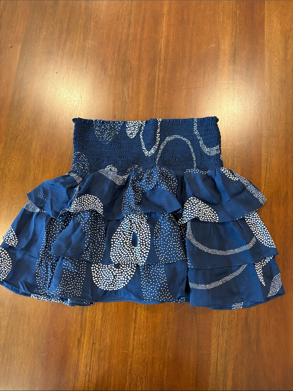 Ramy Brook silk Navy Tiered Ruffle Skirt with White Dot Swirl Print